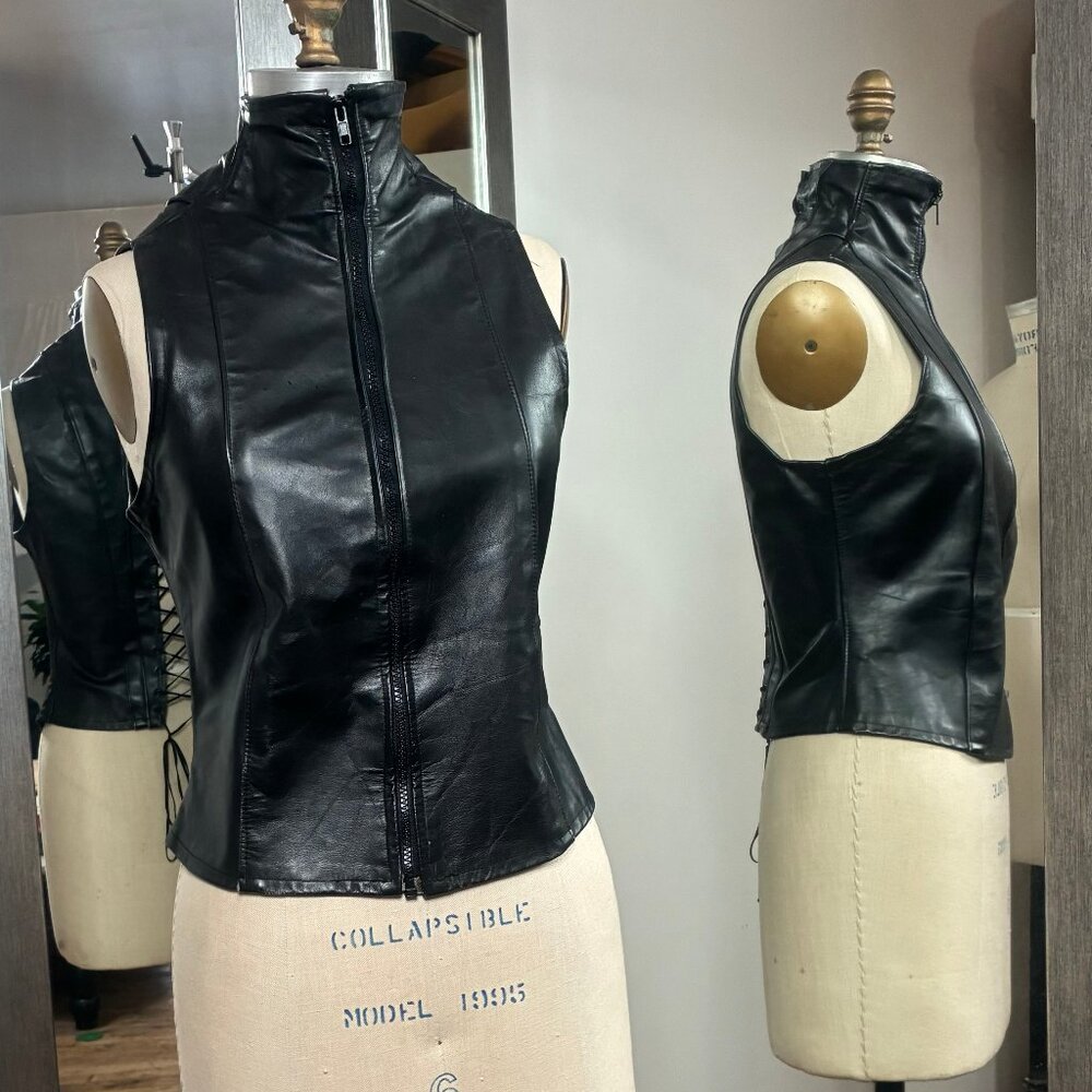 Black Leather Vest with High Neckline and Corseted Back